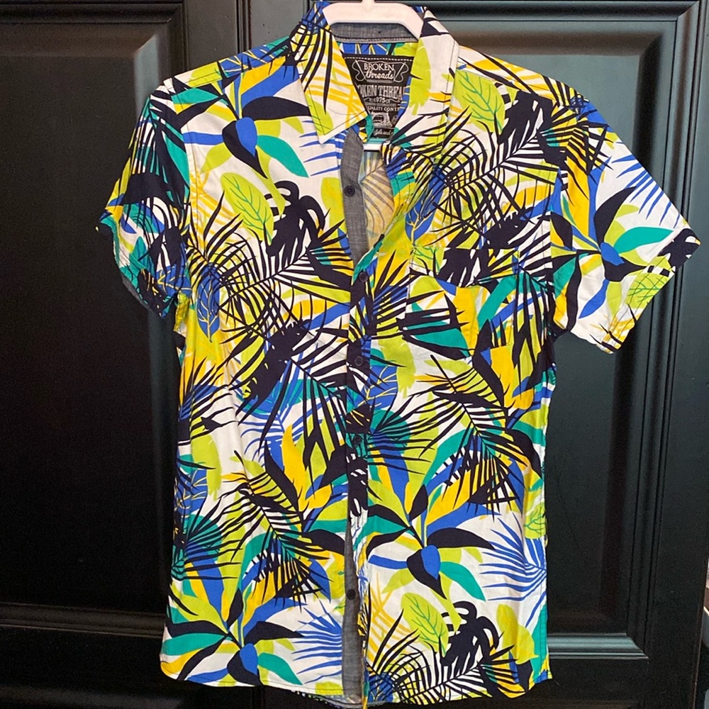 Hawaiian Island Print Shirt M cotton Broken Threads short sleeve bright EUC